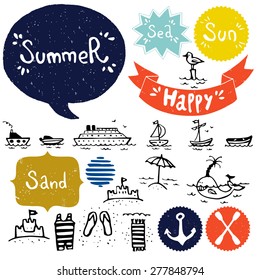 Set of hand drawn sea and summer vacation doodles. Cartoon icons isolated on white background and Summer lettering in speech bubbles.