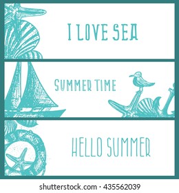 Set of hand drawn sea themed banners. Seagull,lighthouse,shell,boat. Vector illustration. Design template for greeting cards etc.