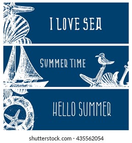 Set of hand drawn sea themed banners. Seagull,lighthouse,shell,boat. Vector illustration. Design template for greeting cards etc.