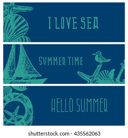 Set of hand drawn sea themed banners. Seagull,lighthouse,shell,boat. Vector illustration. Design template for greeting cards etc.