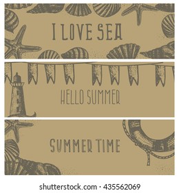 Set of hand drawn sea themed banners. Seagull,lighthouse,shell,boat. Vector illustration. Design template for greeting cards etc.