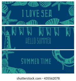 Set of hand drawn sea themed banners. Seagull,lighthouse,shell,boat. Vector illustration. Design template for greeting cards etc.