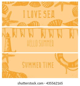 Set of hand drawn sea themed banners. Seagull,lighthouse,shell,boat. Vector illustration. Design template for greeting cards etc.