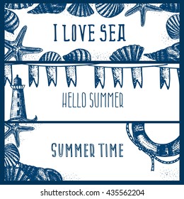 Set of hand drawn sea themed banners. Seagull,lighthouse,shell,boat. Vector illustration. Design template for greeting cards etc.