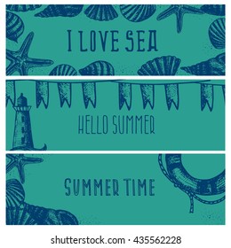 Set of hand drawn sea themed banners. Seagull,lighthouse,shell,boat. Vector illustration. Design template for greeting cards etc.