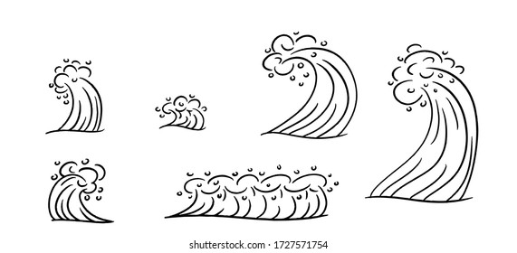 Olas marinas dibujadas a mano. Tormenta de estilo Doodle con olas oceánicas conjunto de vectores.