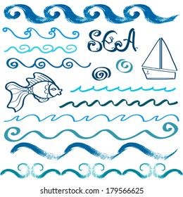 Set of hand drawn sea waves and design elements