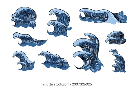 Set of Hand drawn Sea waves. Vintage cartoon ocean tidal storm waves isolated on white background for surfing and seascape, vector illustration