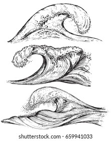 Set hand drawn sea waves in sketch style  Beautiful black   white vector illustration
