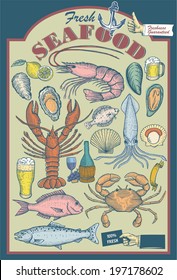 Set of hand drawn seafood