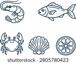Set of hand drawn seafood and citrus illustrations featuring shrimp fish crab shell and lemon slice collection restaurant crustacean ingredients minimalist wildlife culinary