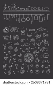 Set of hand drawn seafood, grocery, pizza and others doodle food elements. Cafe or kitchen symbols and signs. Collection of kitchenware, glasses, dishes, tableware on blackboard. vector illustration