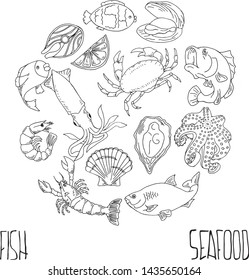 Set of hand drawn seafood, Healthy food drawings set elements for menu design. Vector illustration