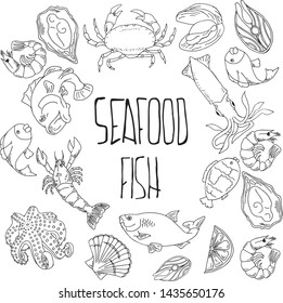 Set of hand drawn seafood, Healthy food drawings set elements for menu design. Vector illustration