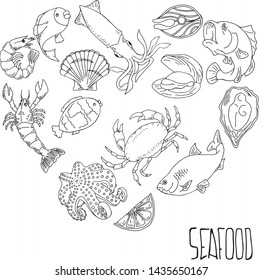 Set of hand drawn seafood illustrations isolated on white background. Fish, crab, lobster, oyster, shrimp. Design elements for menu, poster. Vector illustration