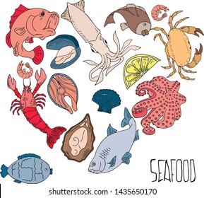 Set of hand drawn seafood illustrations isolated on white background. Fish, crab, lobster, oyster, shrimp. Design elements for menu, poster. Vector illustration