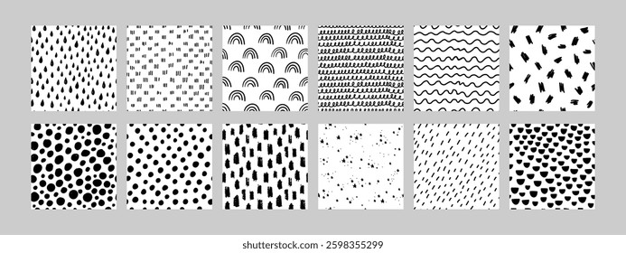 A set of hand drawn seamless black and white patterns featuring dots, drops, waves, rainbows, and abstract textures. Ideal for branding, packaging, textile, wallpaper, and digital design. Vector art