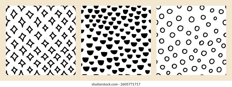 Set of hand drawn seamless black and white textures with dots, circles, stars, and dashed strokes. Fun doodle vector repeat patterns, perfect for fabrics, packaging, backgrounds, and creative designs