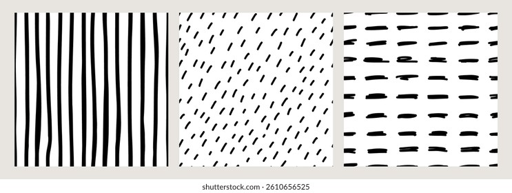 Set of hand drawn seamless black and white abstract patterns with brush strokes, shapes, and dashes. Modern minimalistic textures, perfect for fabrics, wallpapers, packaging, graphic design projects