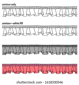 Set of hand drawn seamless border with frills, ribbon and lace in four versions. Decorative isolated endless vector illustration