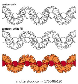 Set of hand drawn seamless border with ruffles, frills, pearls and beads in three versions. Decorative isolated endless vector illustration