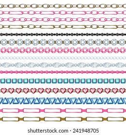 Set of hand drawn seamless borders - chains and gemstones. Cartoon style.