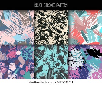 Set of hand drawn seamless brushstrokes vector patterns in modern abstract style. Pastel colors. Background for printing brochure, poster,  textile design, card, web, magazines, wallpapers.