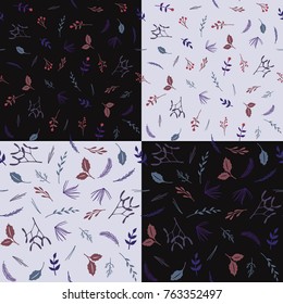 Set of hand drawn seamless Christmas patterns with winter purple flowers and plants.