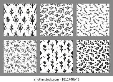 Set of hand drawn seamless floral backgrounds. Endless patterns. Black and white. Great for paper, card, wallpaper, banner, fabric, interior. Vector illustration.