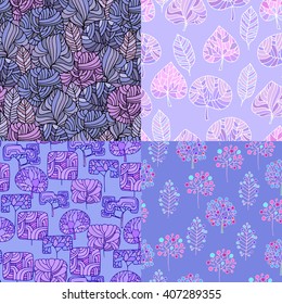 Set of Hand Drawn seamless floral patterns.Stylized Decorative leaves and trees.Illustration for design of gift packs,wrap,patterns fabric,wallpaper,web sites.Nature backdrop,repeated background.