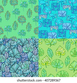 Set of Hand Drawn seamless floral patterns.Stylized Decorative leaves and trees.Design of gift packs,wrap,patterns fabric,wallpaper,web sites.Summer and spring floral backgrounds