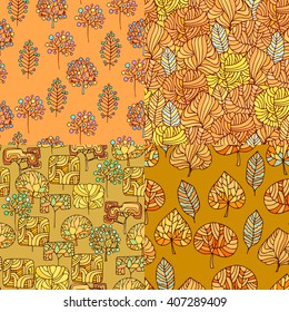 Set of Hand Drawn seamless floral patterns.Stylized Decorative leaves and trees.Design of gift packs,wrap,patterns fabric,wallpaper,web sites.Autumn seamless pattern with leafs