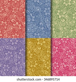 Set of Hand drawn seamless Flower patterns. Doodle style. 