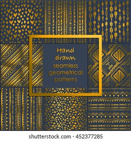 Set of hand drawn seamless geometrical patterns, endless background. Doodle freehand Monochrome vector ornaments with strips, triangles, circles, squares, rhombuses,... Fashionable print, texture.
