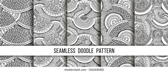 Set of hand drawn seamless grunge textures. Artistic illustration of rough graphic patterns, ethnic abstract lines, tribal ink symbols. Vector coloring images