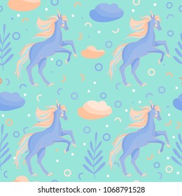 Set of Hand drawn seamless pattern with cute unicorns,nature ellements. Vector illustration.