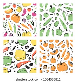 Set of hand drawn seamless pattern with vegetable. Vector artistic drawing food. Summer illustration pumpkin, potato, pepper, green peas, beetroot, eggplant, tomato, cucumber, avocado, carrot