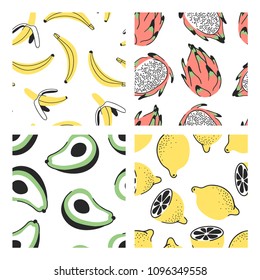Set of hand drawn seamless pattern with tropical fruits. Vector artistic banana, pitaya or pitahaya, avocado and lemon. Summer illustration dragon fruit and other vegeterian food