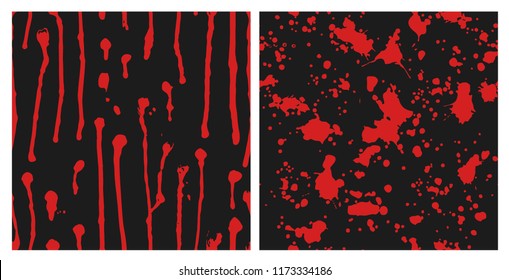 Set of hand drawn seamless pattern with red paint drop. Abstract brush background. Halloween vector illustration with blood