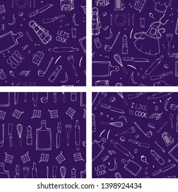 Set of hand drawn seamless pattern with Kitchen Utensils. Original doodle style drawing for actual design.