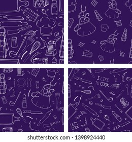 Set of hand drawn seamless pattern with Kitchen Utensils. Original doodle style drawing for actual design.