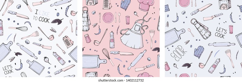 Set of hand drawn seamless pattern with Kitchen Utensils. Original doodle style drawing for actual design.