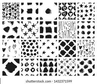 Set of hand drawn seamless pattern with black paint object for design use. Abstract brush drawing. Vector art illustration grunge