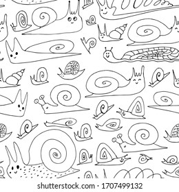 Set of Hand Drawn Seamless Pattern with Snails or Slugs. Small Escargot Animals Sketch Vector Illustration on White Background