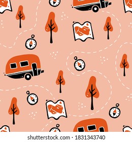 Set of hand drawn seamless pattern tourism and camping equipment. Doodle style illustration. Activity holiday, outdoor travel concept.