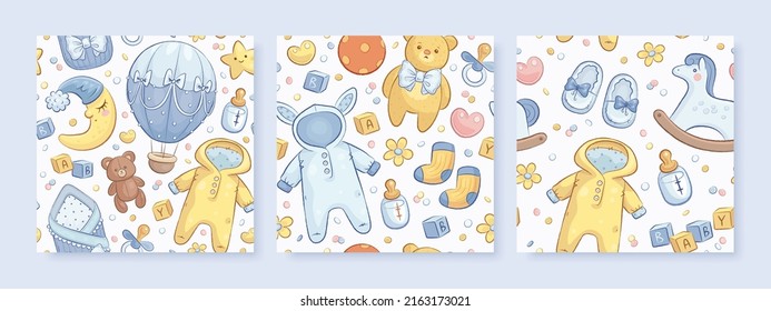 Set of hand drawn seamless pattern with baby boy shower elements. Vector illustration of cartoon toys, clothes and flowers