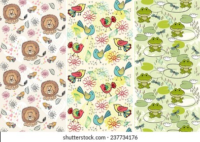set of hand drawn seamless pattern with animals.