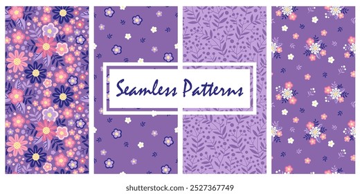 Set of hand drawn seamless pattern with abstract stylized flowers in pastel colors on a purple background