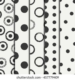 Set of hand drawn seamless pattern with grunge rings, circle. Wrapping paper. Abstract vector background. Brush strokes rings. Casual texture. Doodle. Dry brush. Rough edges ink illustration.