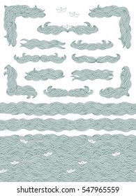 Set of hand drawn seamless pattern, banners, text dividers and corners with doodle waves and little paper boats in blue